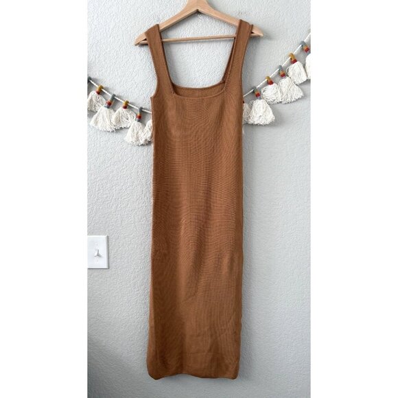 Shona Joy Square Neck Ribbed Knit Sleeveless Midi Dress Camel Neutral Minimalist - Picture 2 of 9